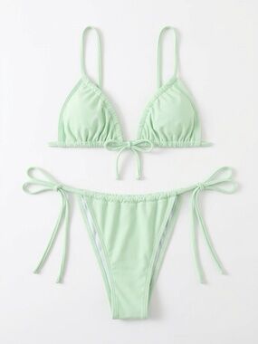 SHEIN Light Sage Ruched Tie-Side Triangle Bikini Set